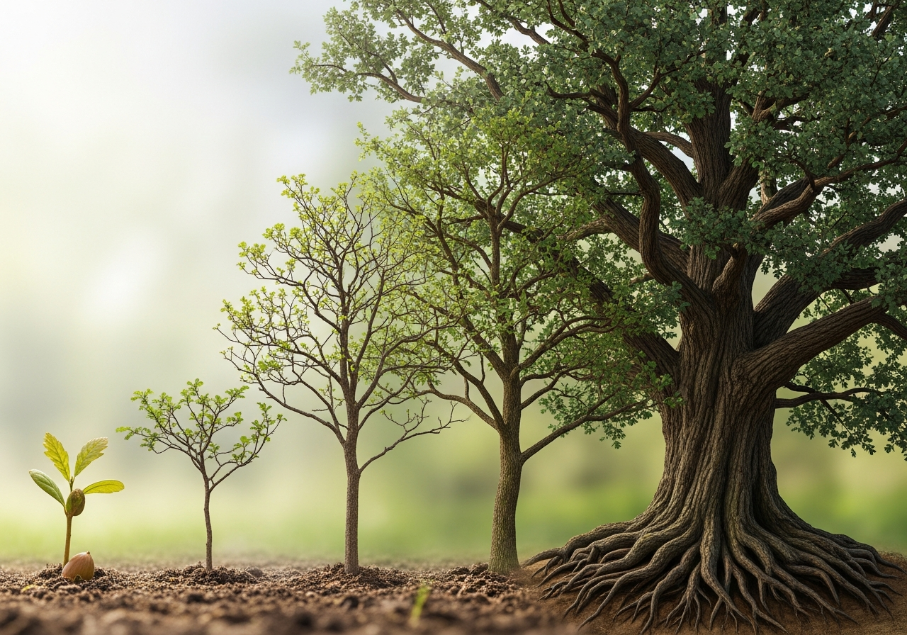A small seedling growing into a mighty tree representing compound growth