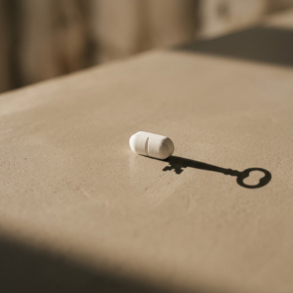 A single pill casting a long shadow shaped like a key, symbolizing the power of expectation
