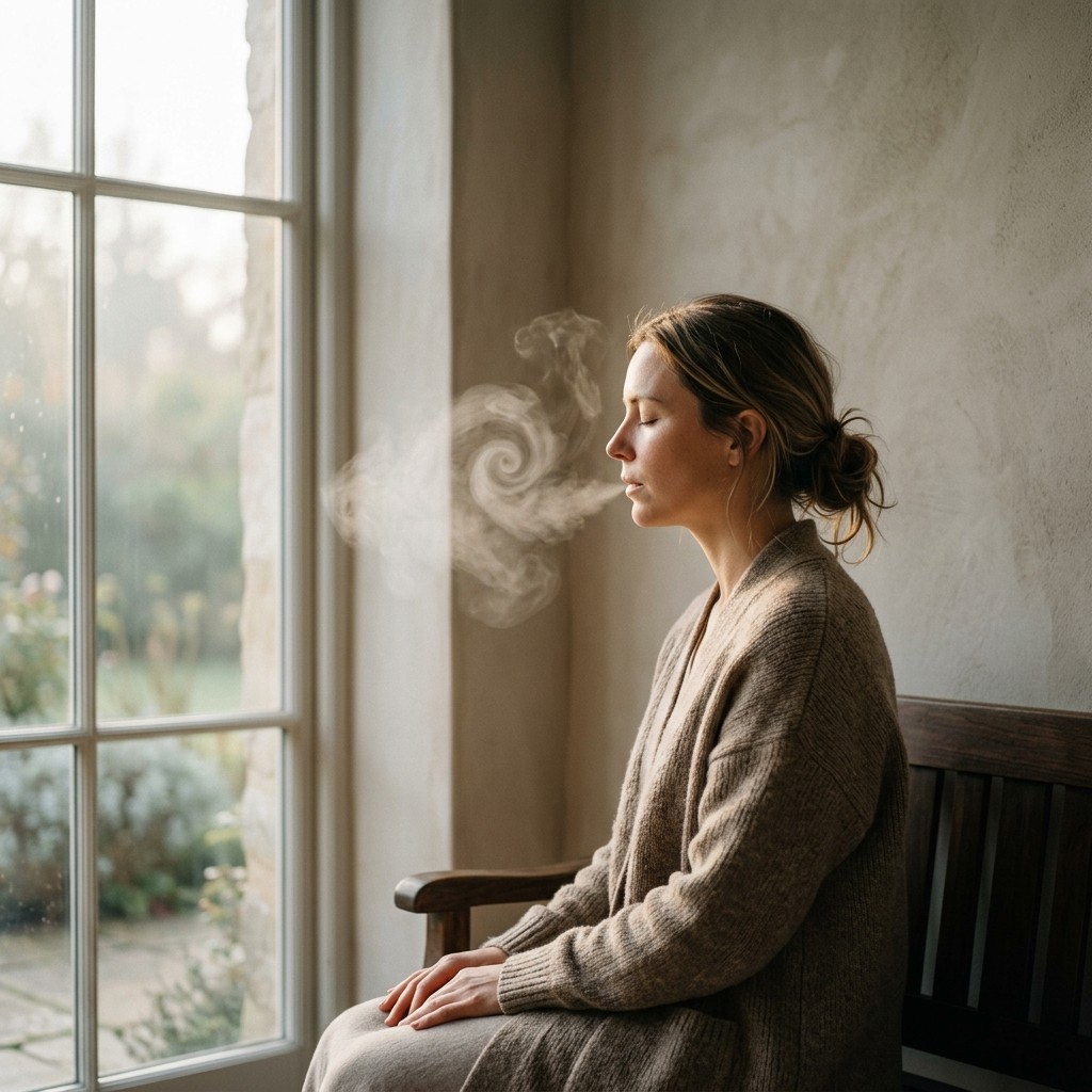 A person breathing calmly with visible expansion of the chest and abdomen