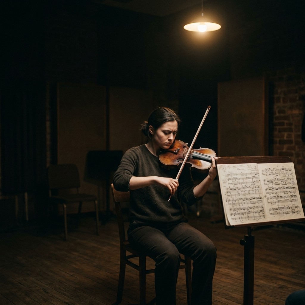 A violinist practicing alone under a single light, focused on a difficult passage