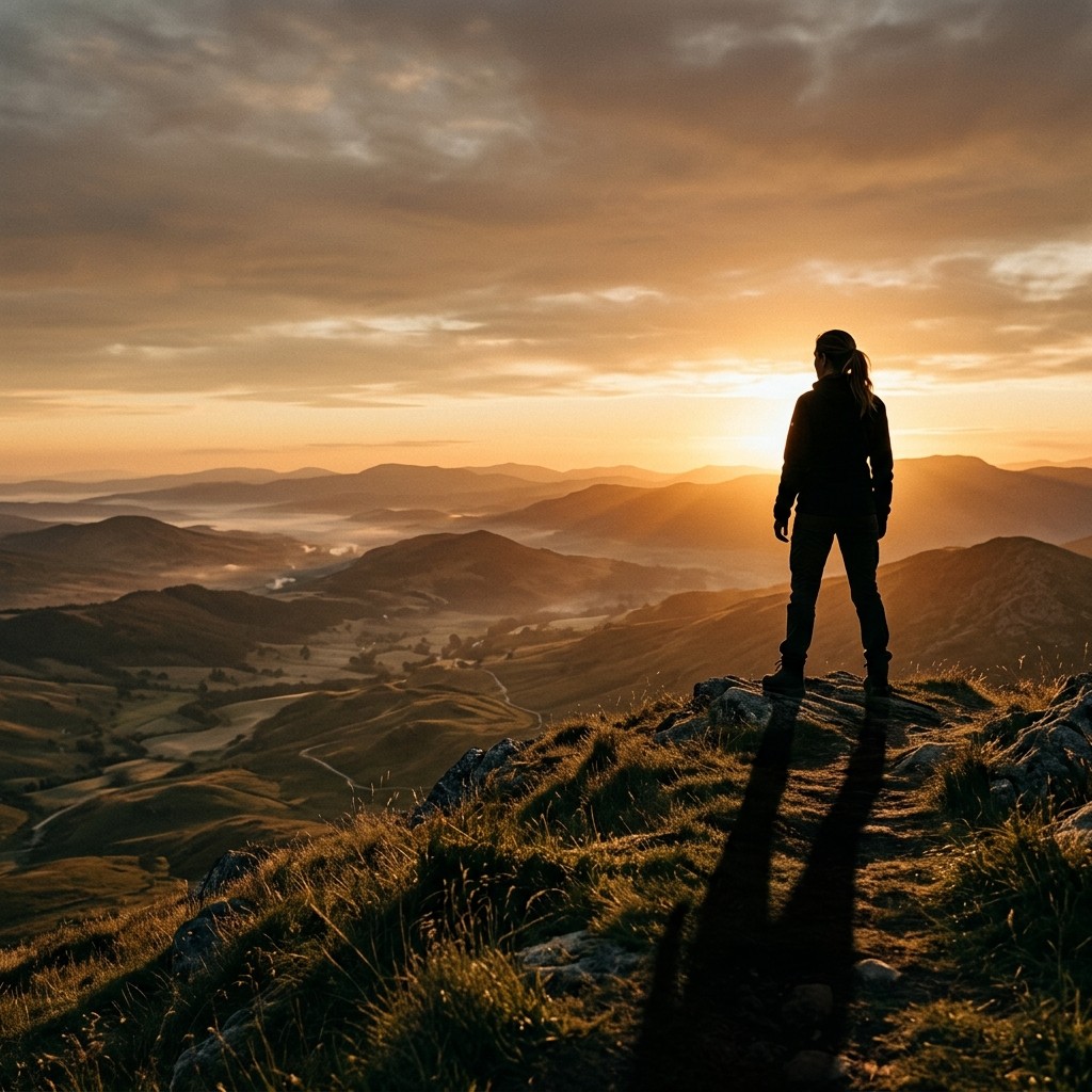 A person standing tall in an open posture at sunrise, embodying confidence
