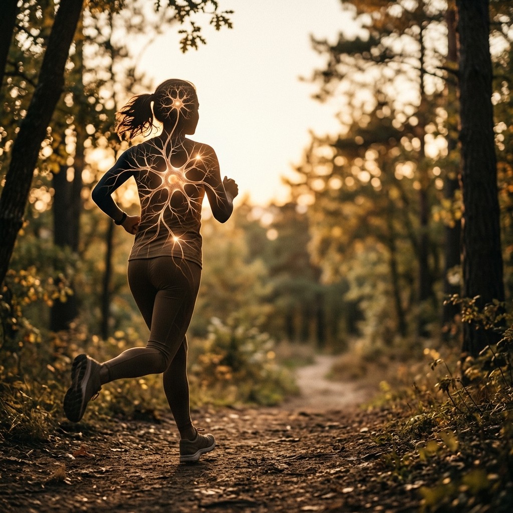 A person running outdoors with a glowing, energized brain illustration