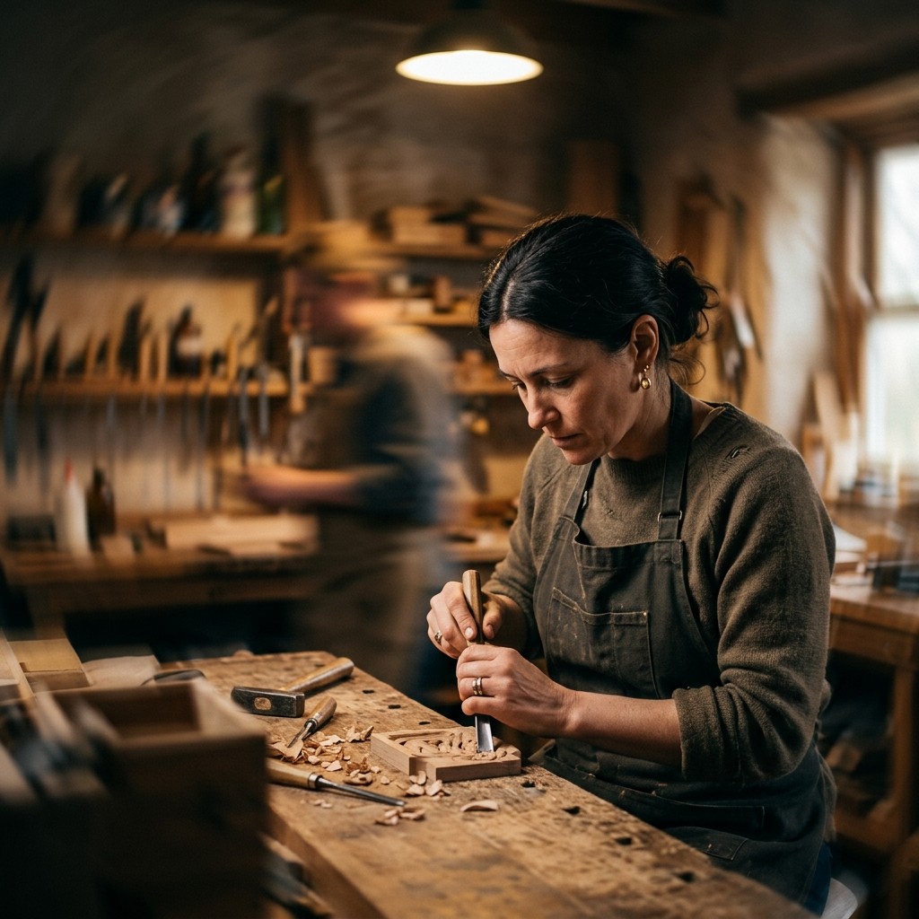 A person fully absorbed in focused work, surrounded by a sense of calm energy