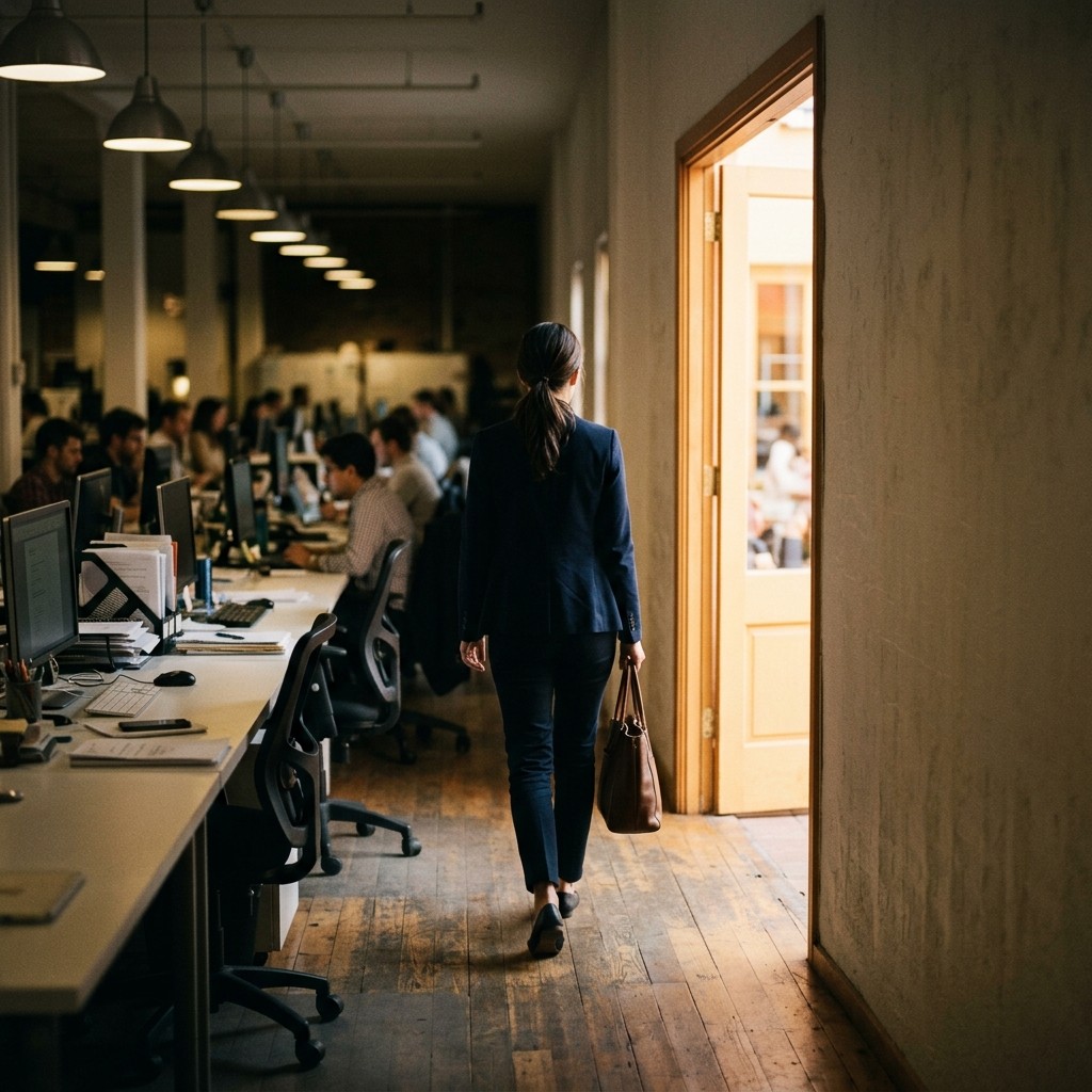 A person stepping from a row of identical desks toward an open doorway filled with light, representing the transition from team member to leader