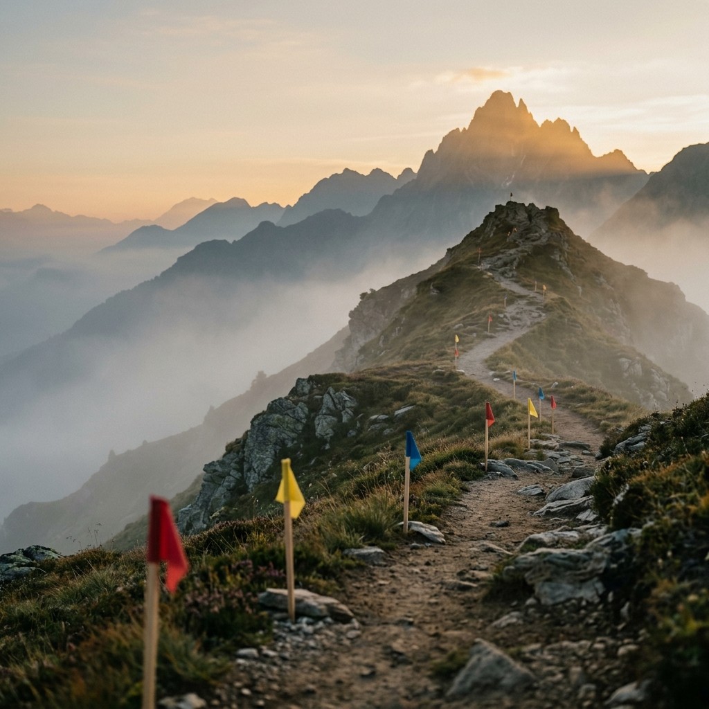 A mountain path with marked waypoints leading toward a summit