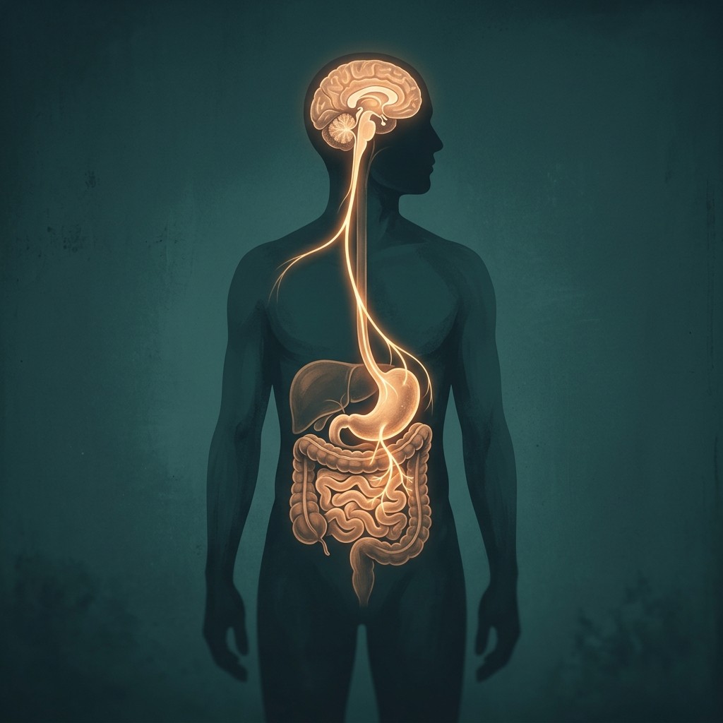 An illustration linking the human brain and digestive system with a glowing pathway