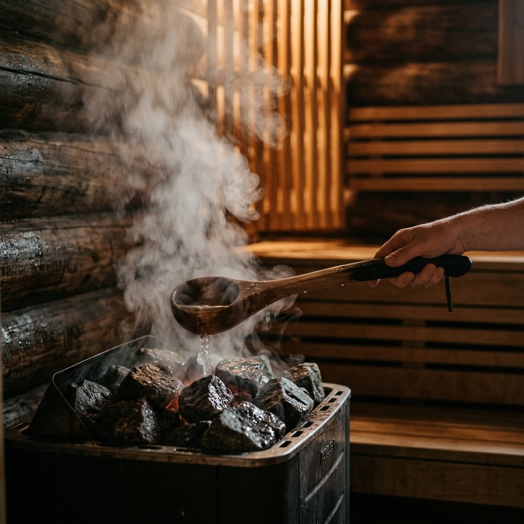 Steam rising from hot stones in a traditional wooden sauna