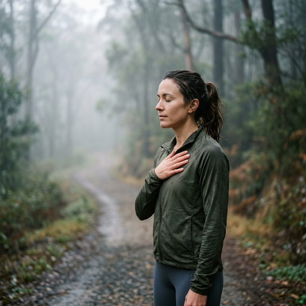 A runner standing calmly on a mist-covered morning path, tuning into their heartbeat, symbolizing overcoming panic