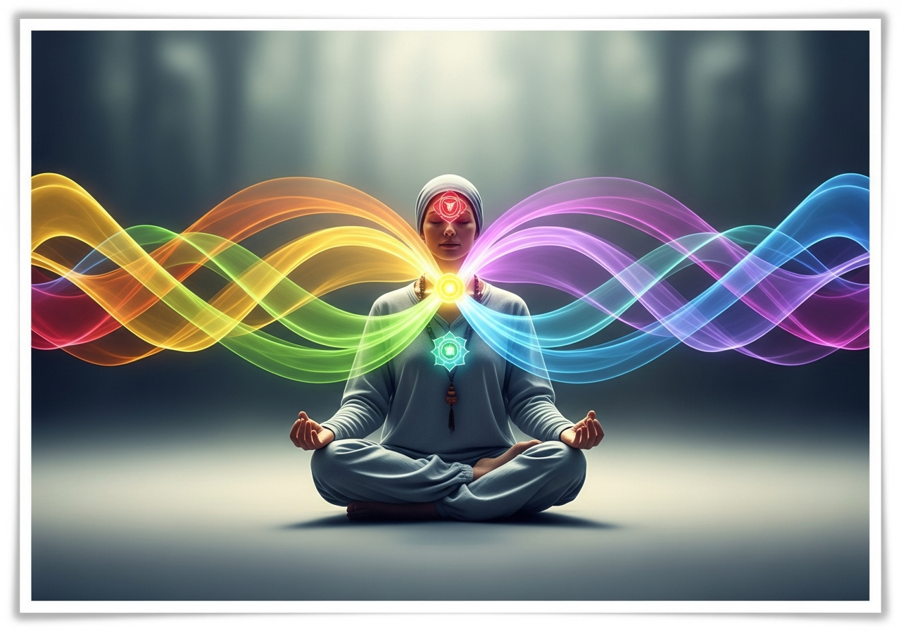 A calm person meditating among swirling colors representing emotions