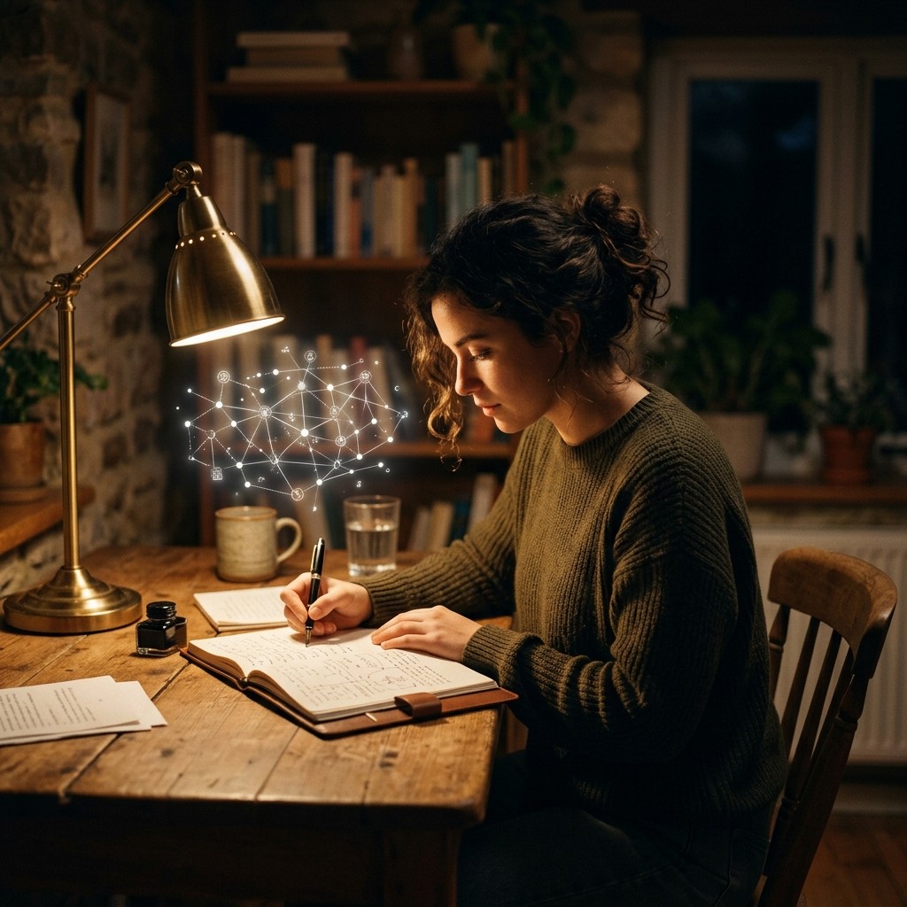 A person studying with focused intent, surrounded by ideas connecting in their mind