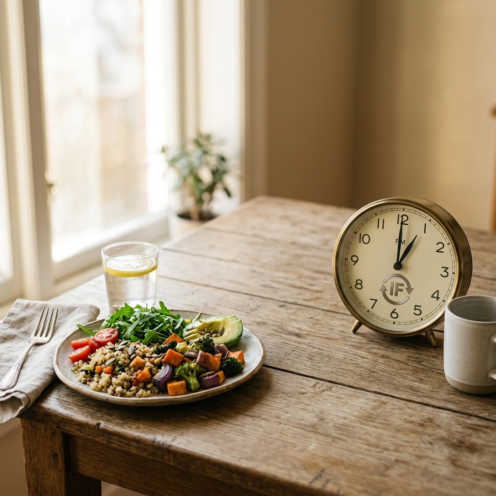 A balanced whole-food meal beside a clock representing meal timing