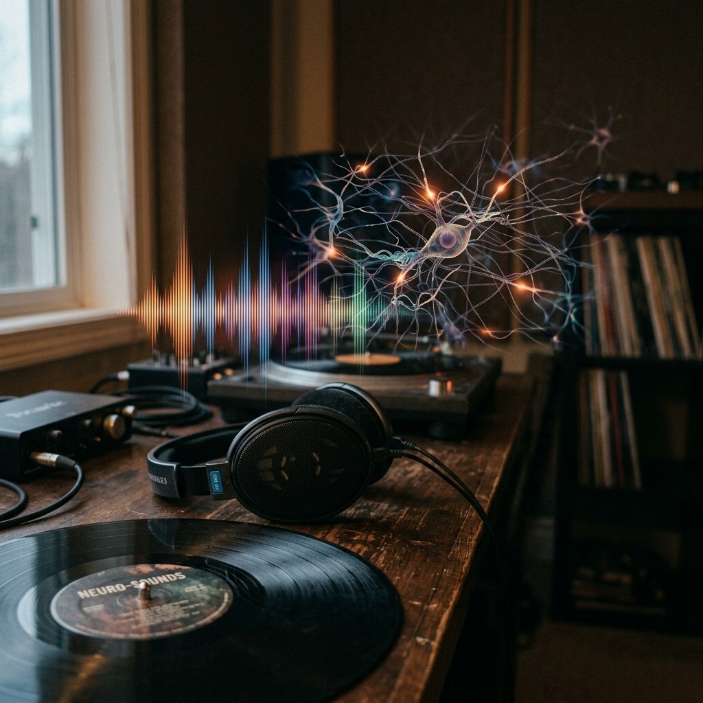 Headphones resting on a desk with soft light, representing music and focus