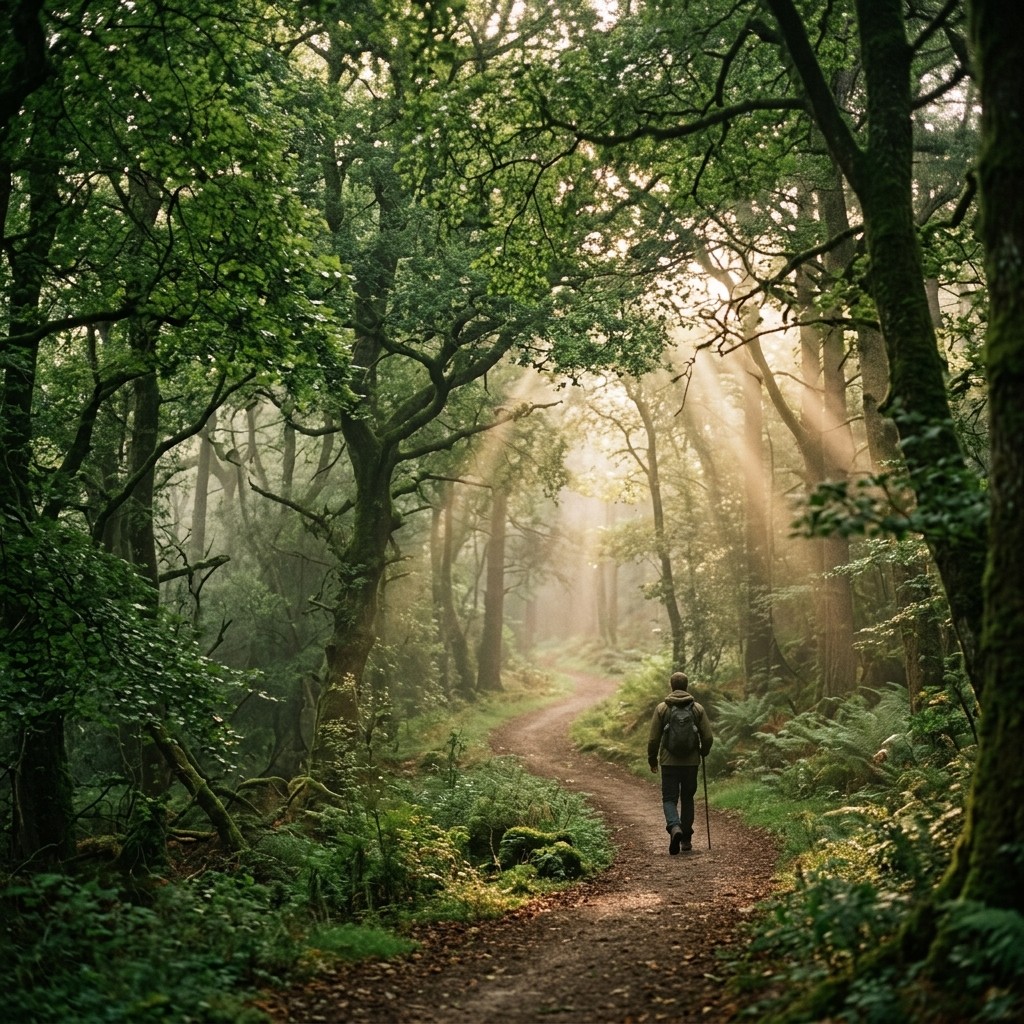 Sunlight filtering through a green forest canopy onto a walking path