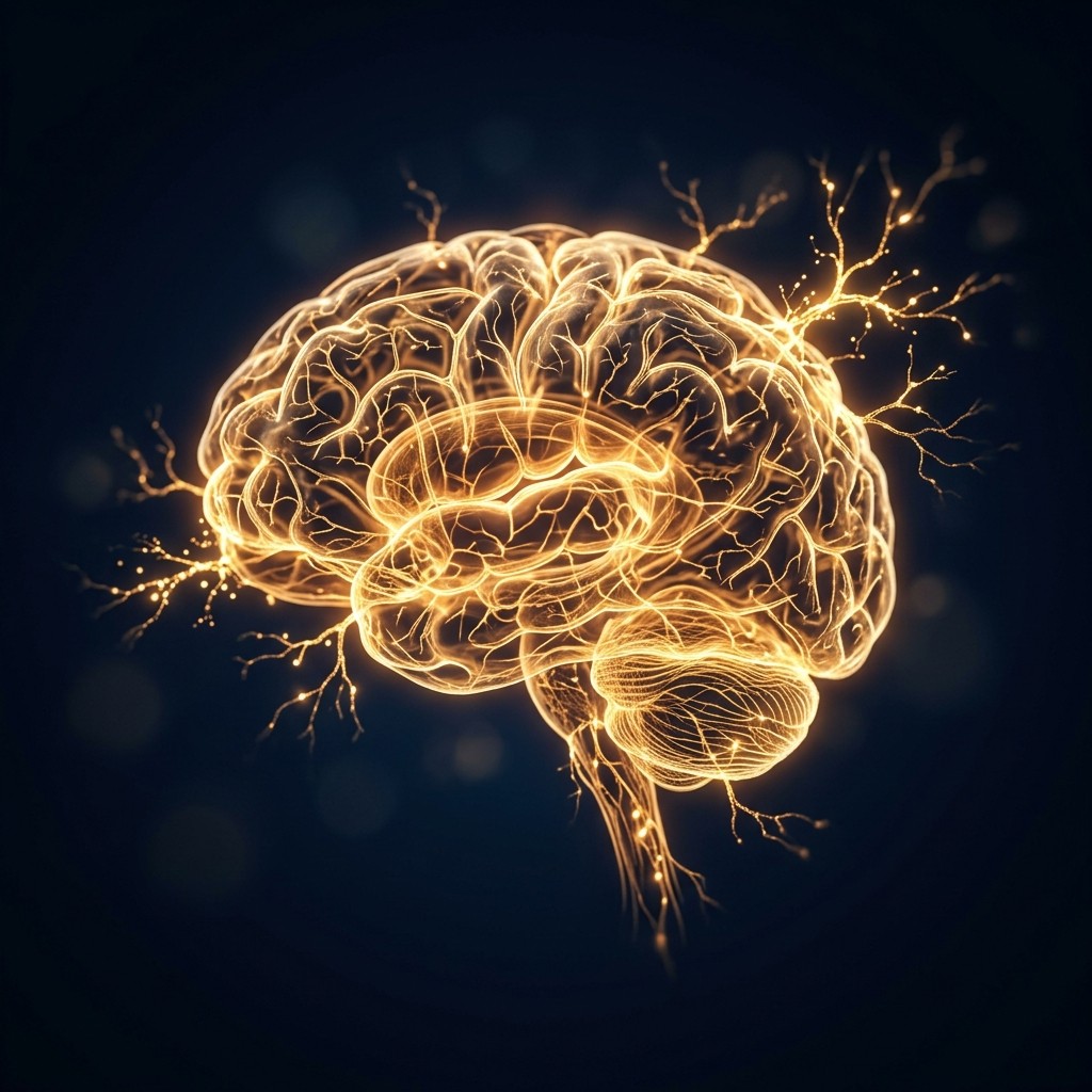 An illustration of glowing neural pathways branching across a human brain