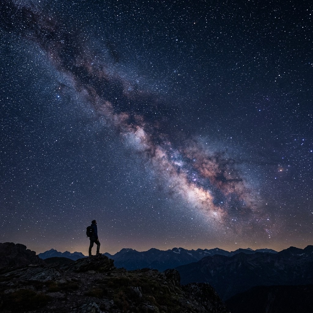A small human figure gazing up at a vast star-filled night sky