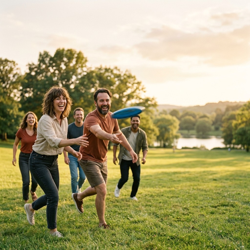 Adults laughing together while playing a game outdoors