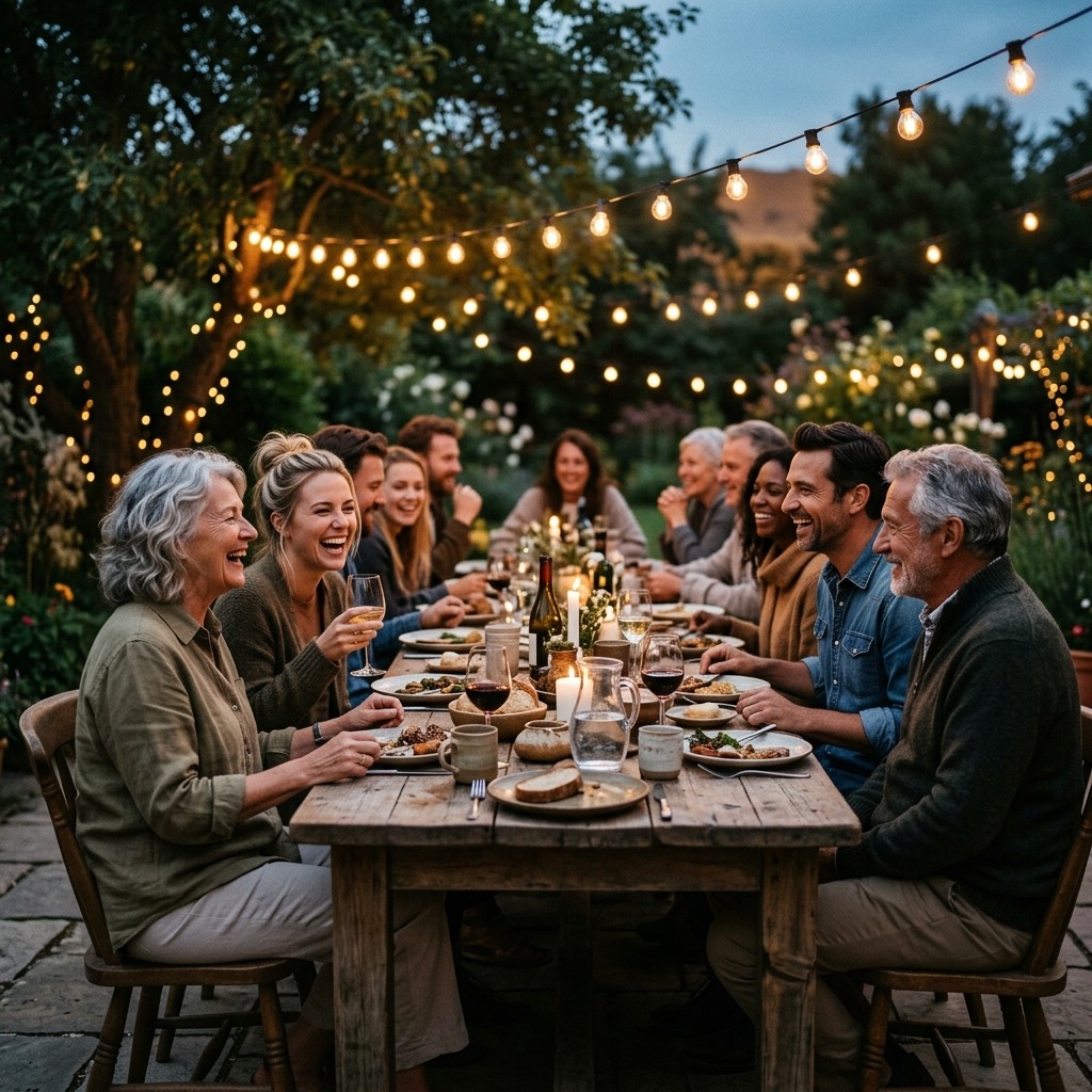 Friends sharing a meal together at a warmly lit table