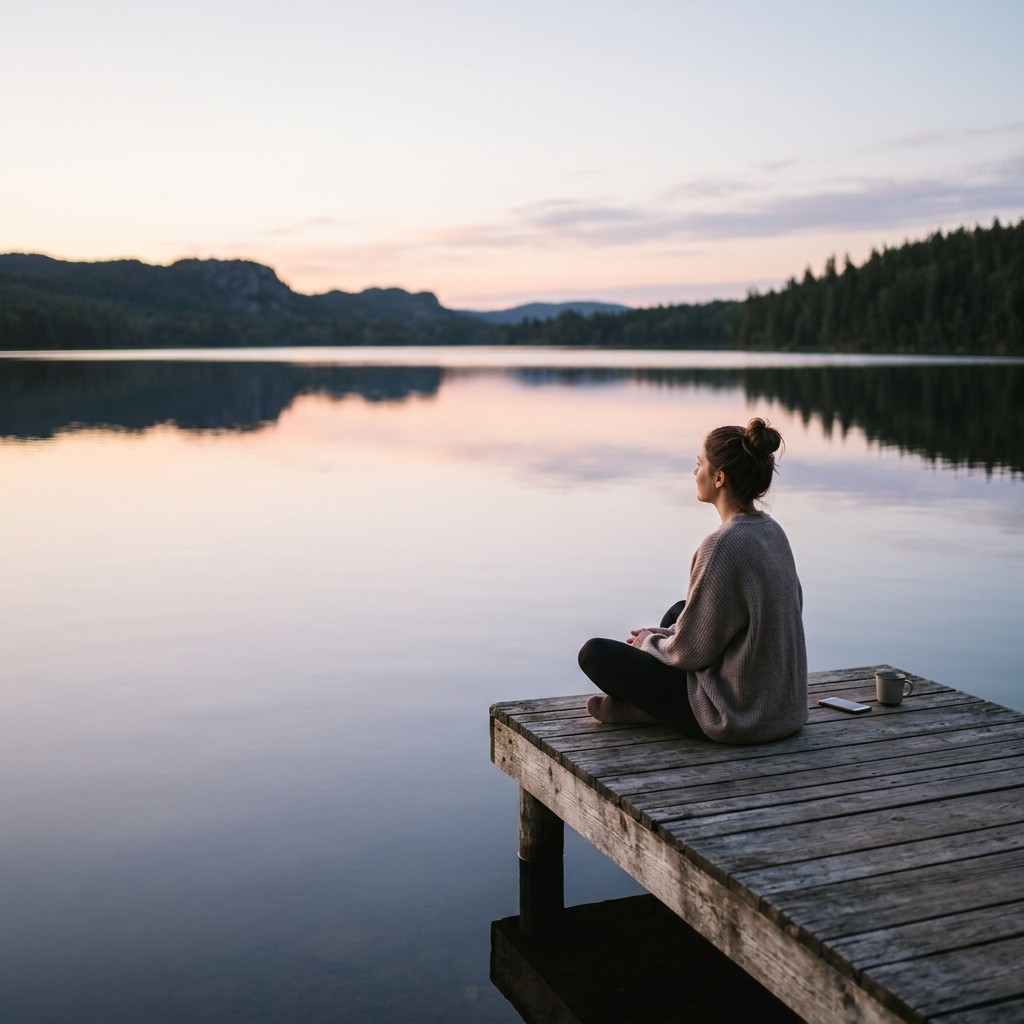 A person sitting alone on a quiet lakeshore at dawn, at ease in their own company