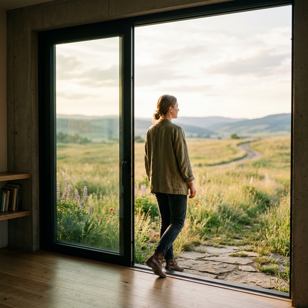 A person standing at the threshold of a large open glass door leading to a vast sunny meadow, symbolizing overcoming fear