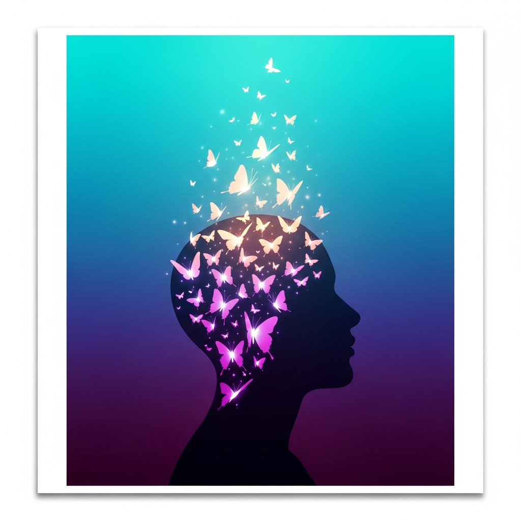 A human silhouette with a glowing brain representing mental transformation