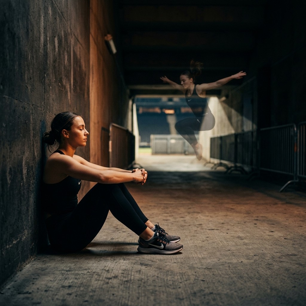 An athlete with eyes closed, mentally rehearsing a performance before competing